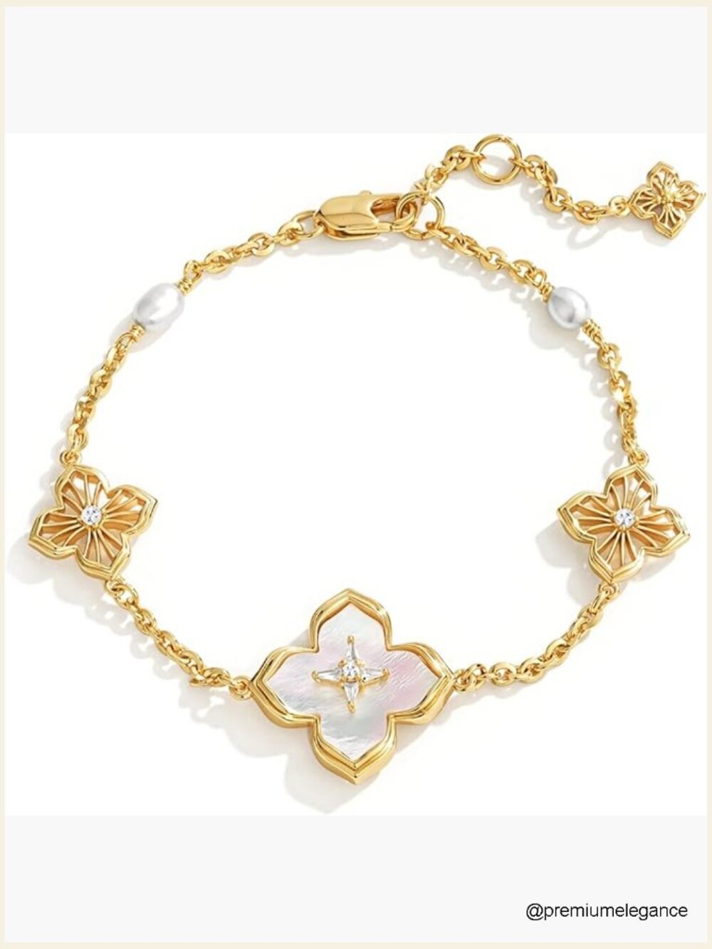 14K Gold Plated Clover Bracelet, 2-Sided Pendant, Pearl Beaded Link Chain Charm